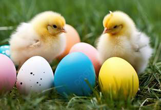 Chicks and coloured eggs